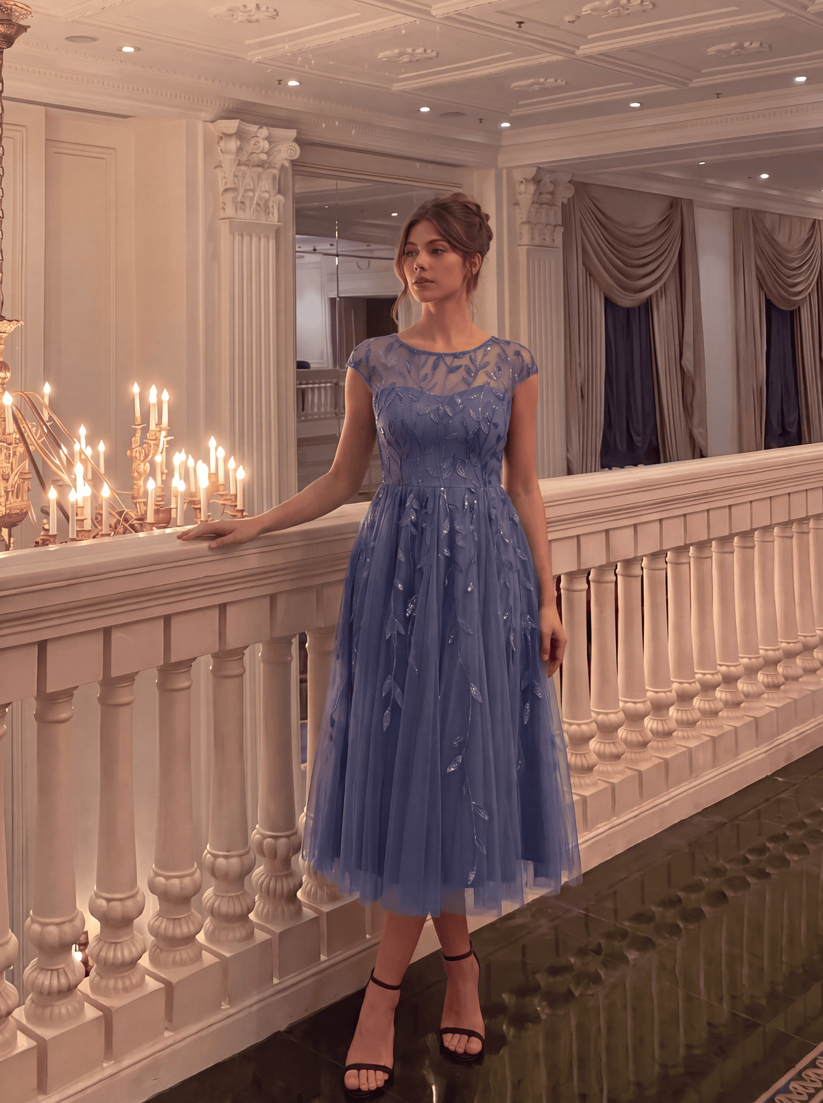 See-through Sequin Cap Sleeve Dress #color_Dusty Blue
