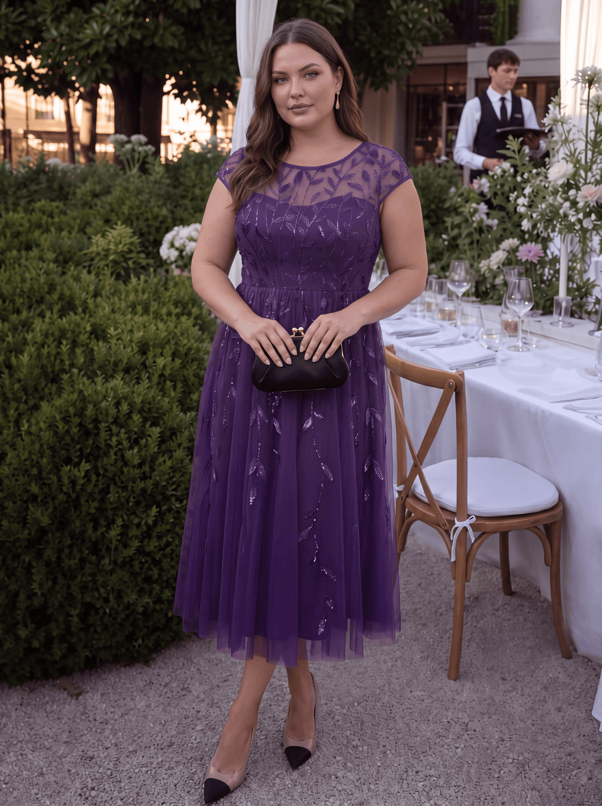 See-through Sequin Cap Sleeve Dress #color_Dark Purple