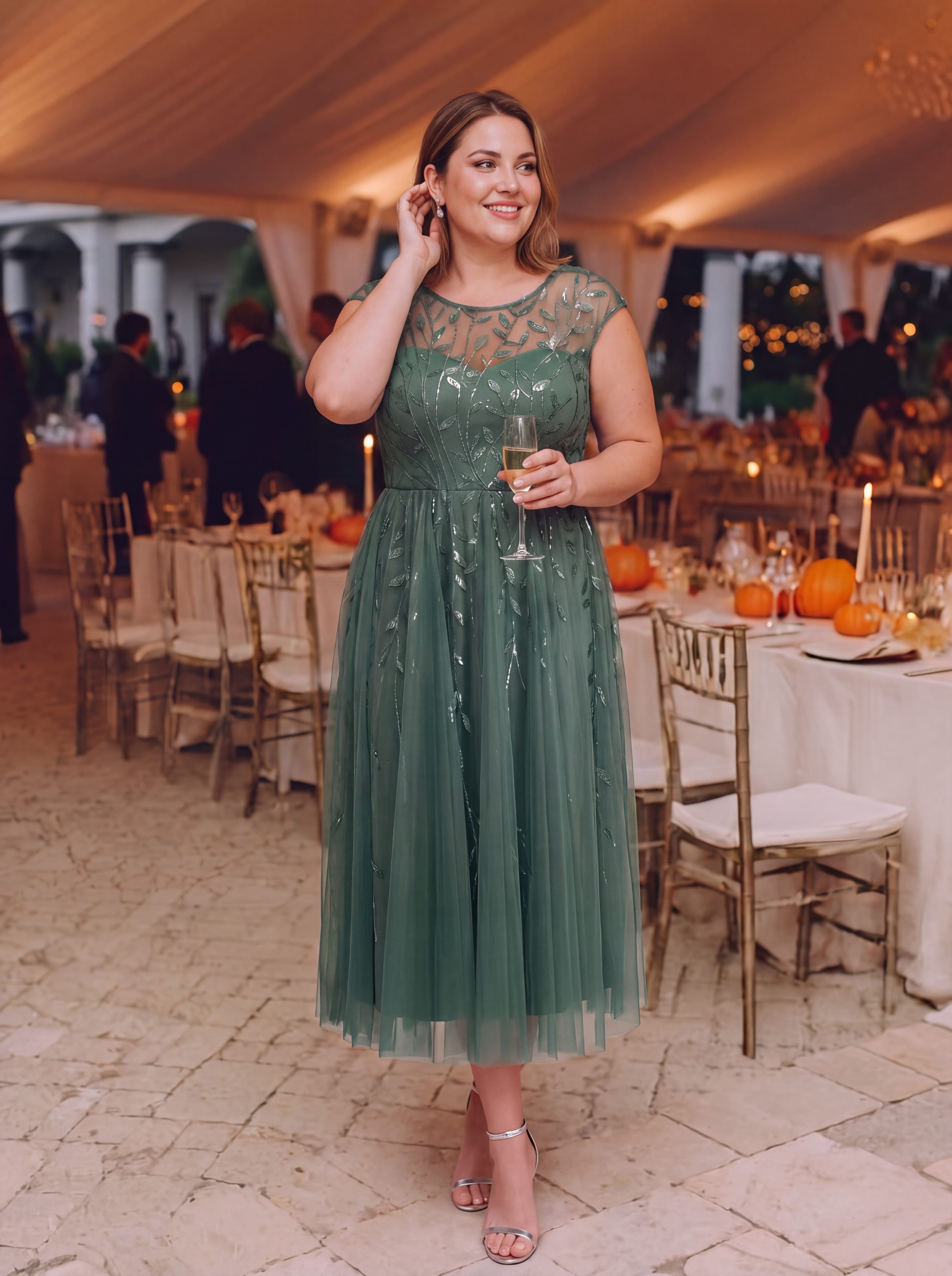 See-through Sequin Cap Sleeve Dress #color_Eucalyptus Green