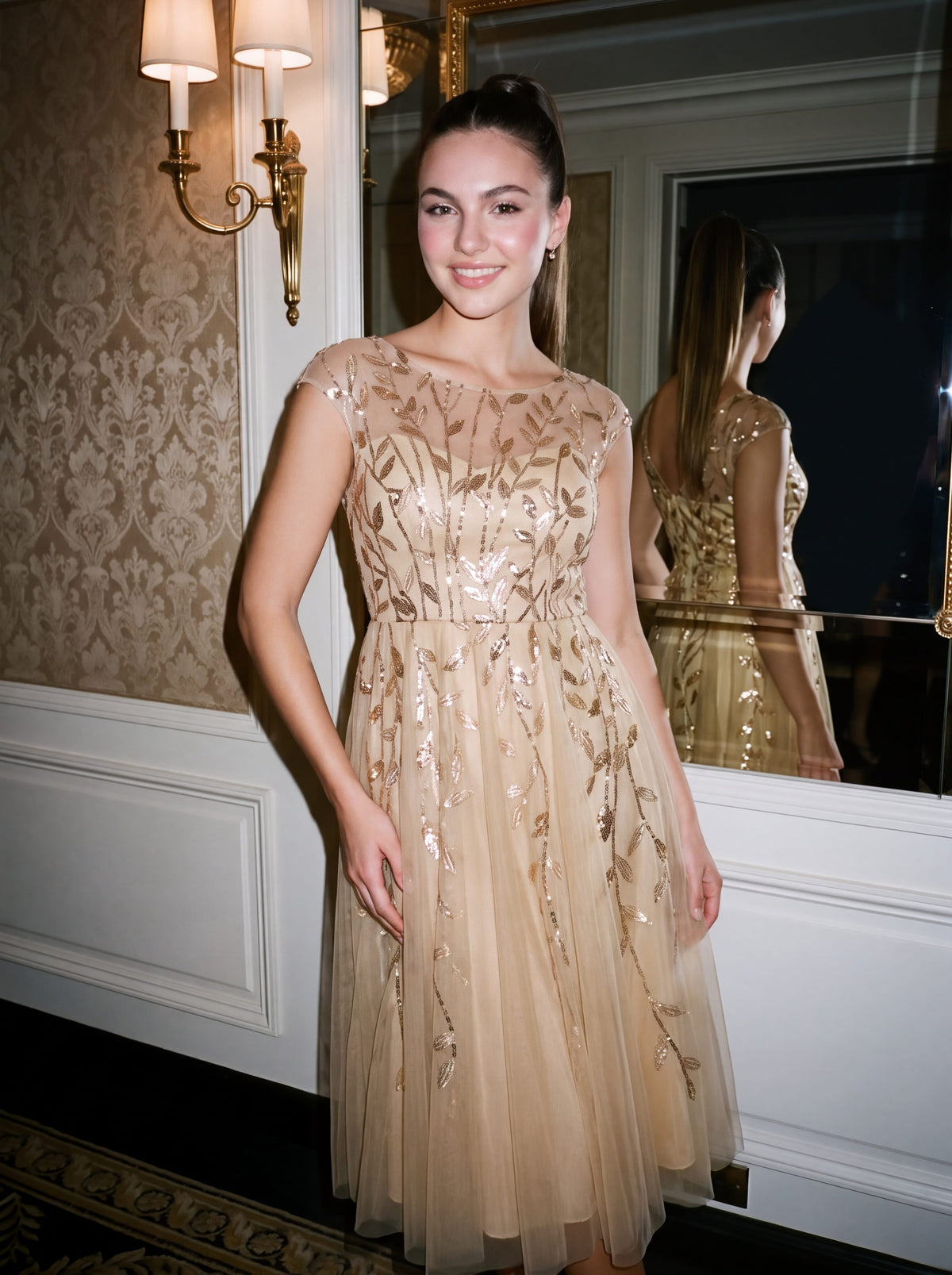See-through Sequin Cap Sleeve Dress #color_Gold
