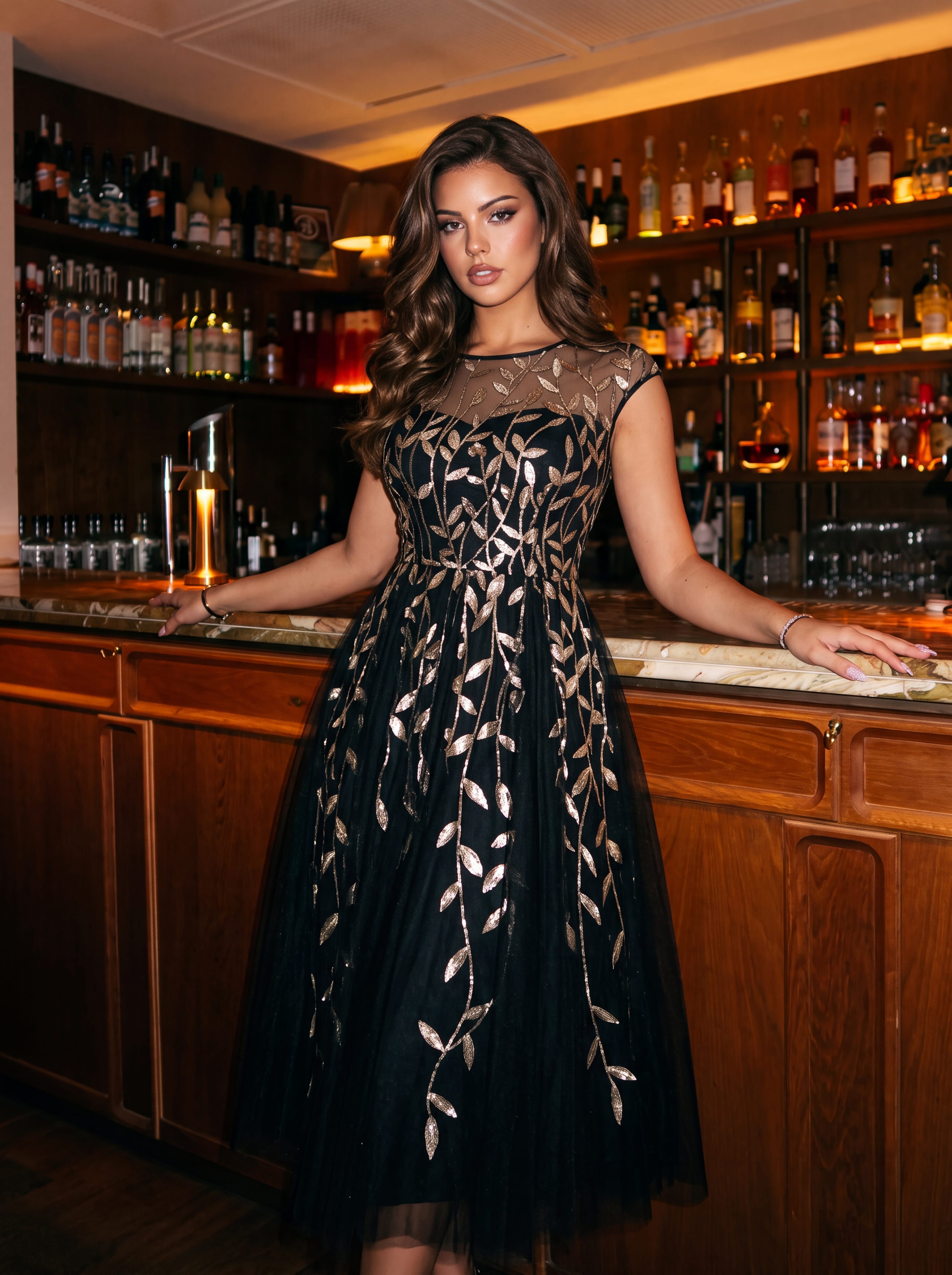 See-through Sequin Cap Sleeve Dress #color_Black & Gold