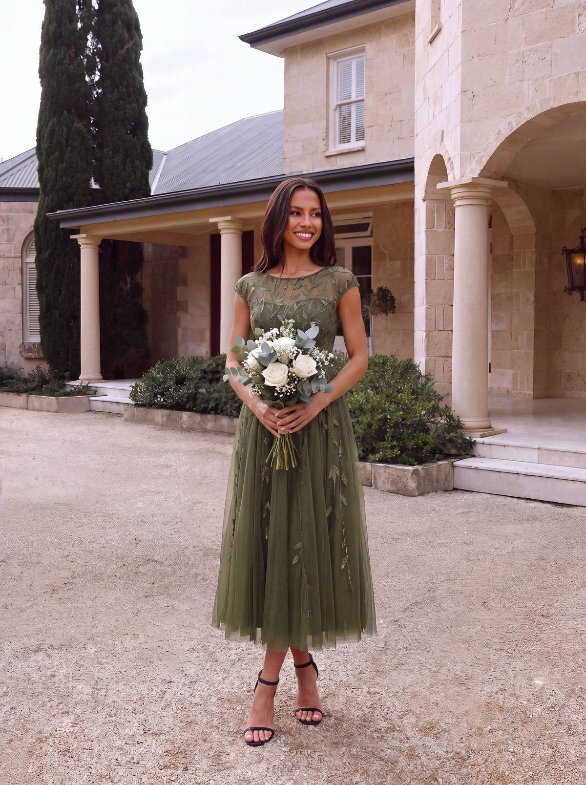 See-through Sequin Cap Sleeve Dress #color_Olive Green