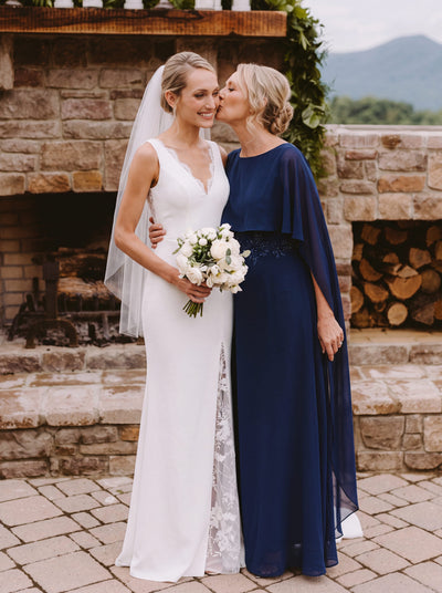 Chiffon Cape Sleeve A-line Dress #color_Navy Blue