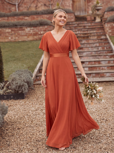 rust orange bridesmaid dresses Florence Wrap Bridesmaids Dress In Burnt Satin delicate spaghetti straps Burnt Orange & Rust Orange