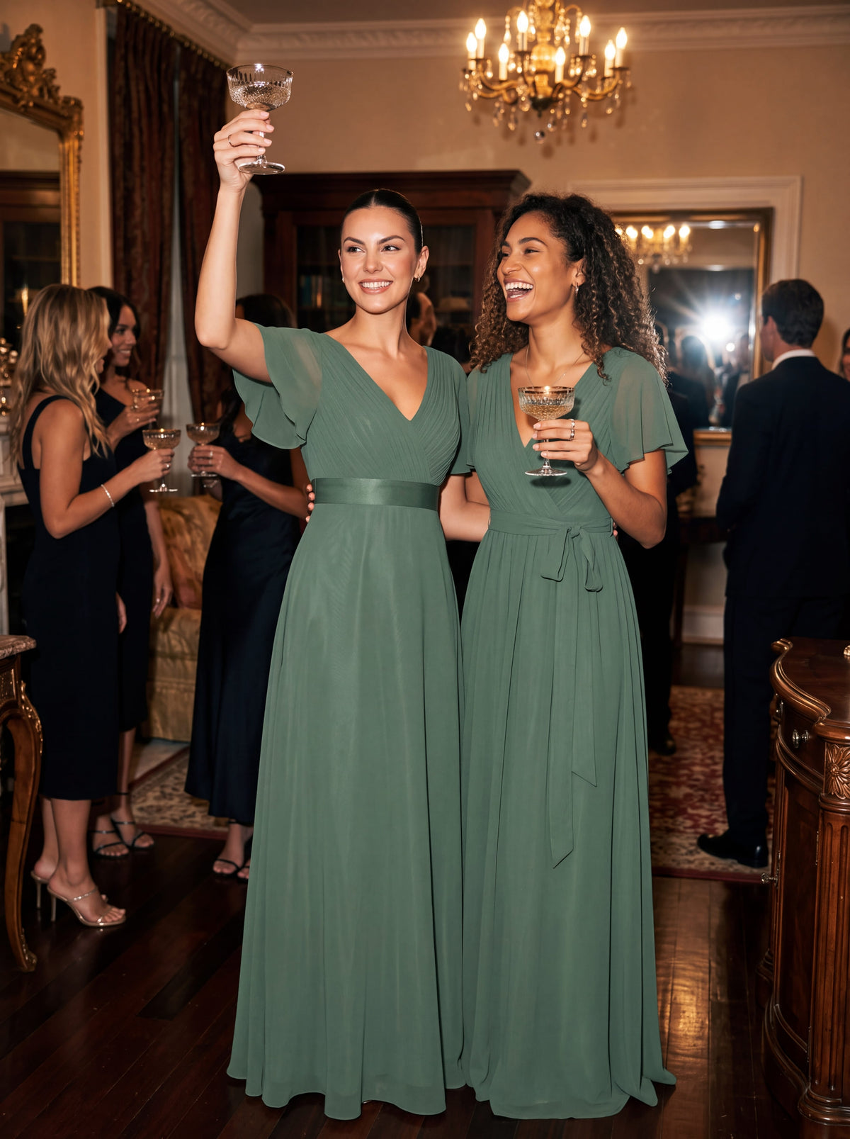 V-Neck Flutter Sleeve Floor-Length A-Line Chiffon Evening Dress #color_Eucalyptus Green