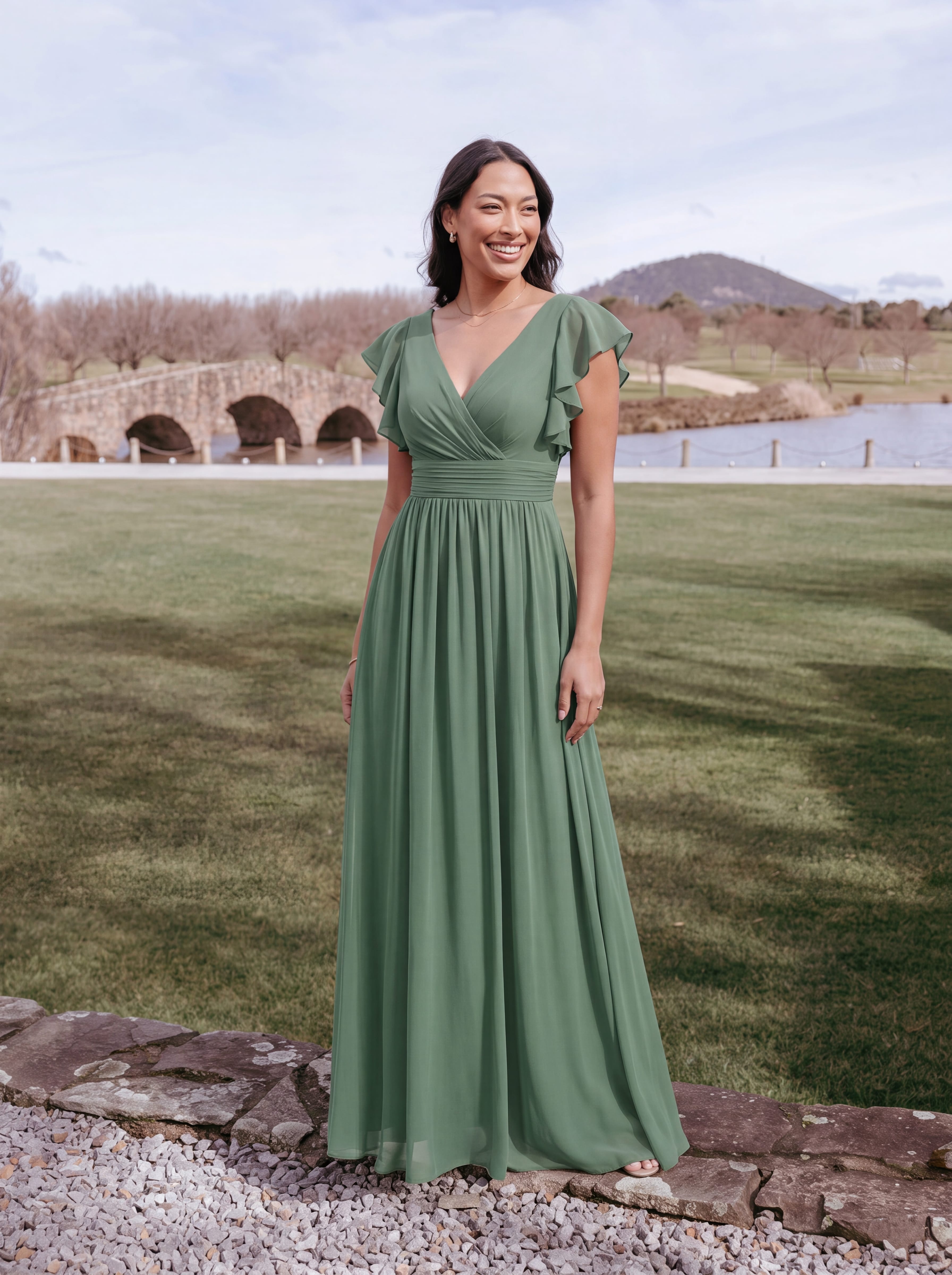 Elegant V-Neck Open Back Chiffon Bridesmaid Dress with Ruffled Sleeves #color_Eucalyptus Green
