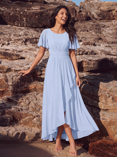 ever SAGE|Ruched Chiffon Ruffle Sleeve Wedding Guest Dress