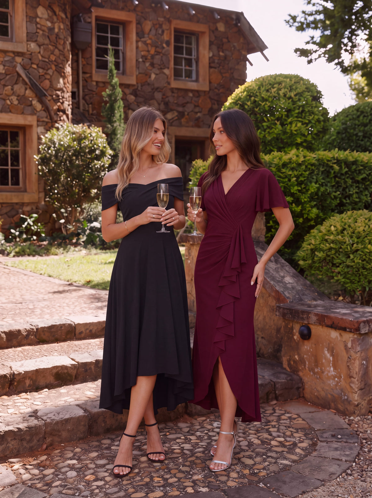 Thigh-High Slit Knit Ruffle Sleeve Dress #color_Burgundy
