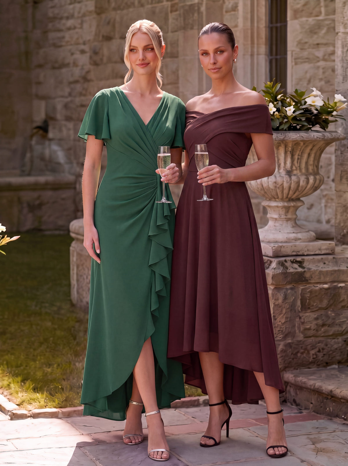 Thigh-High Slit Knit Ruffle Sleeve Dress #color_Dark Green