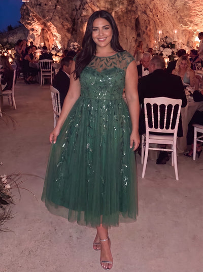 Plus Size Sequin A-Line Tea Length Dress with Cap Sleeves