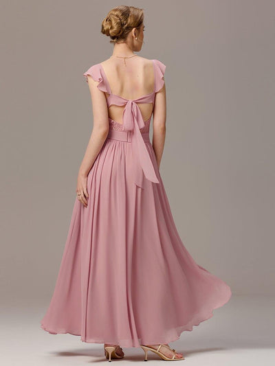 V-Neck Bandage Stringy Selvedge Maxi Bridesmaid Dress #color_Dusty Rose