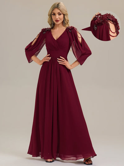 Floral Chiffon Tulip Sleeve Evening Dress #color_Burgundy