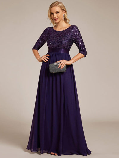 Elegant Round Neckline 3/4 Sleeve Sequins Patchwork Evening Dress #color_Dark Purple