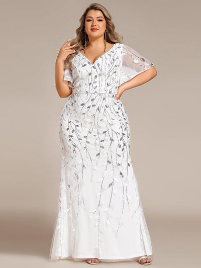 Fashion Plus Size V Neck Mermaid Sequin & Tulle Evening Dress #color_White