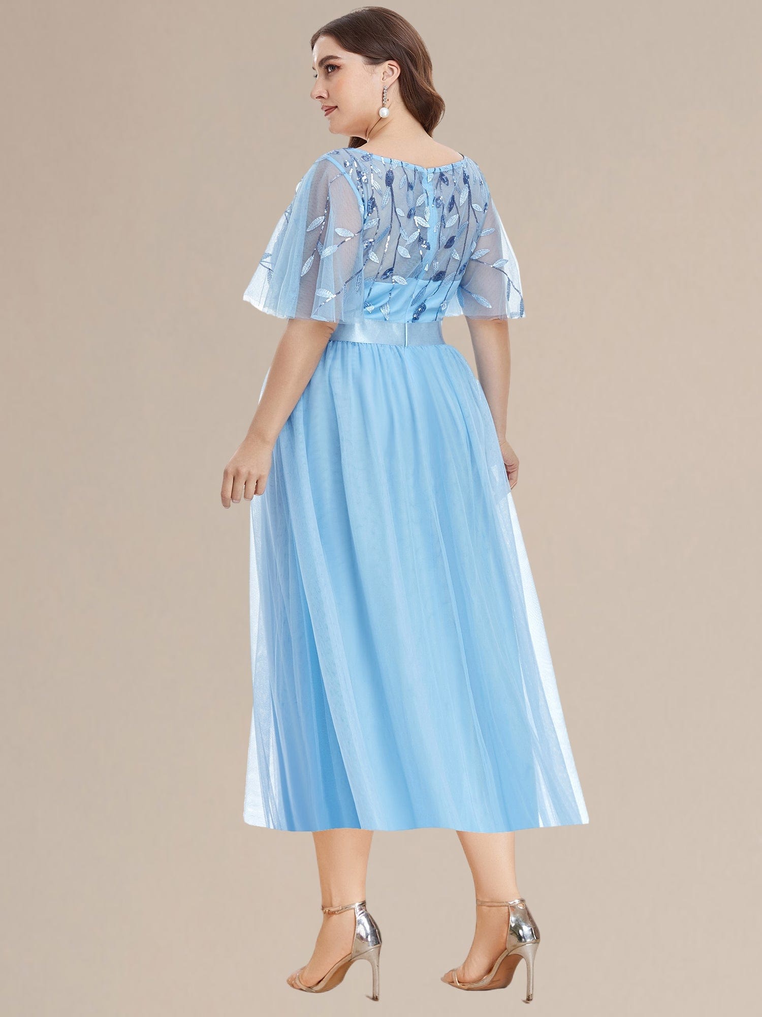 Leaf Sequin Midi Wedding Guest Dress #color_Sky Blue