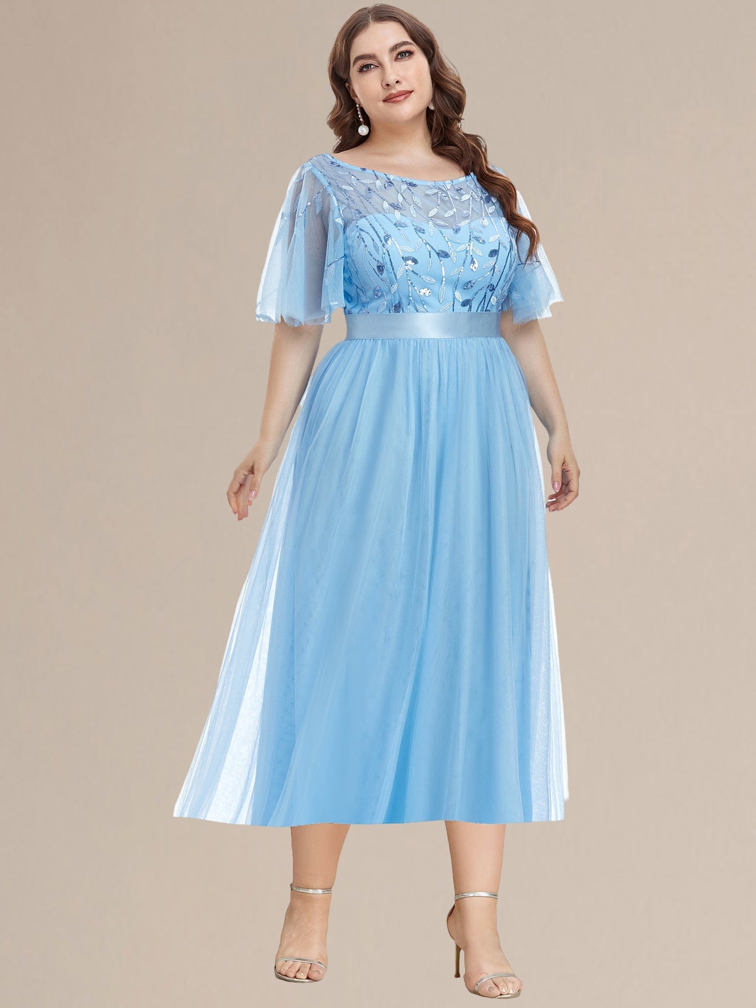 Leaf Sequin Midi Wedding Guest Dress #color_Sky Blue