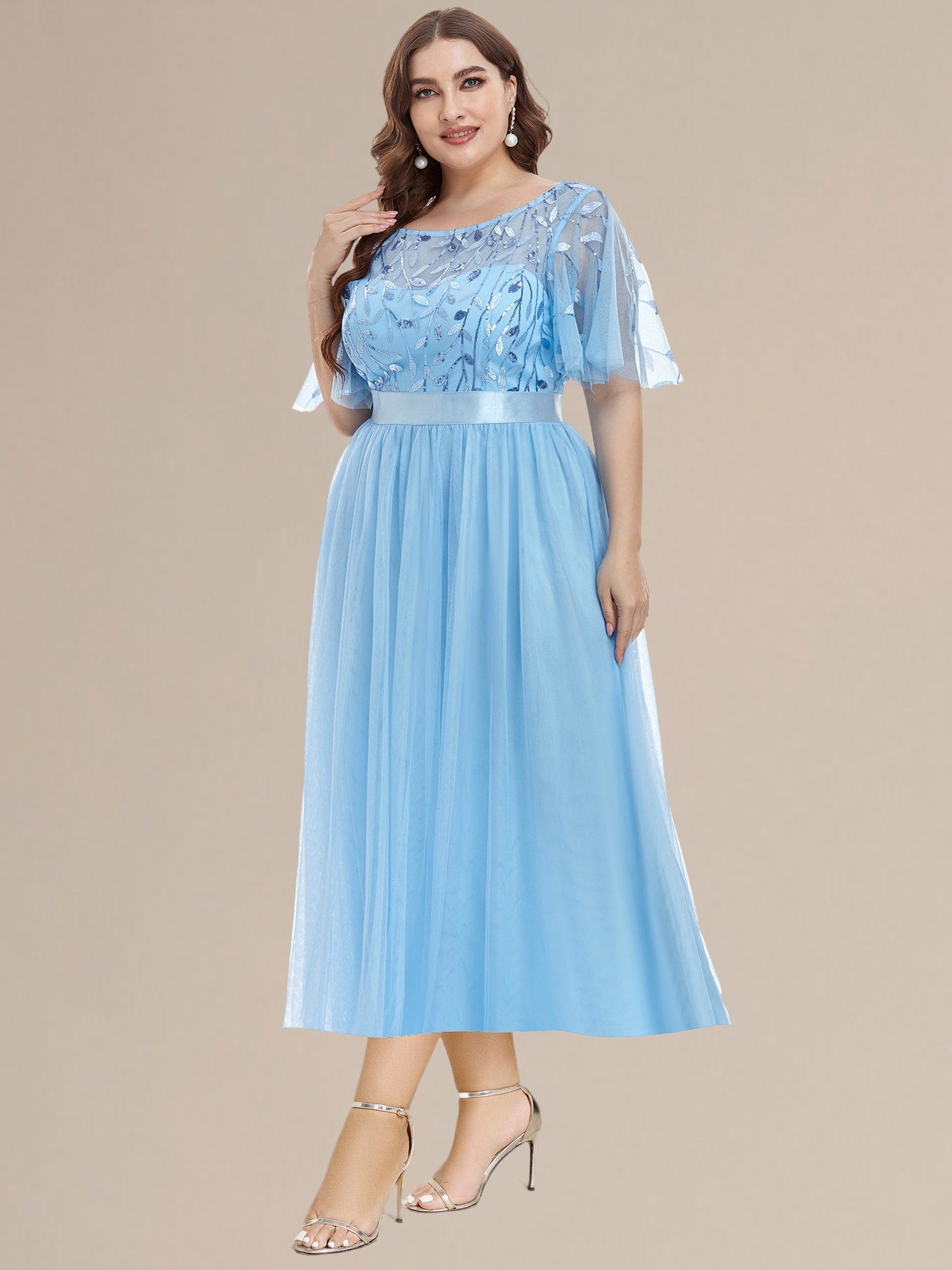 Leaf Sequin Midi Wedding Guest Dress #color_Sky Blue