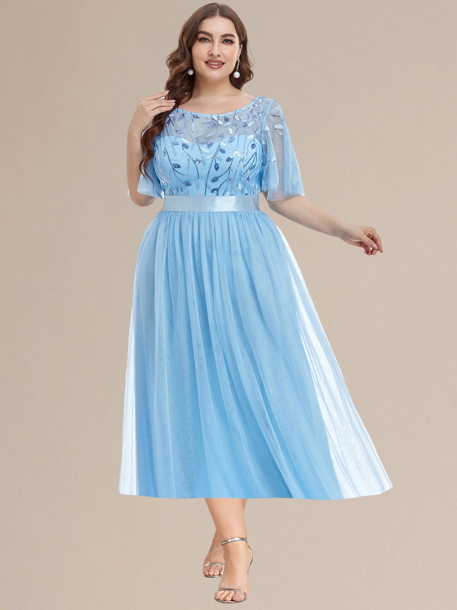 Leaf Sequin Midi Wedding Guest Dress #color_Sky Blue