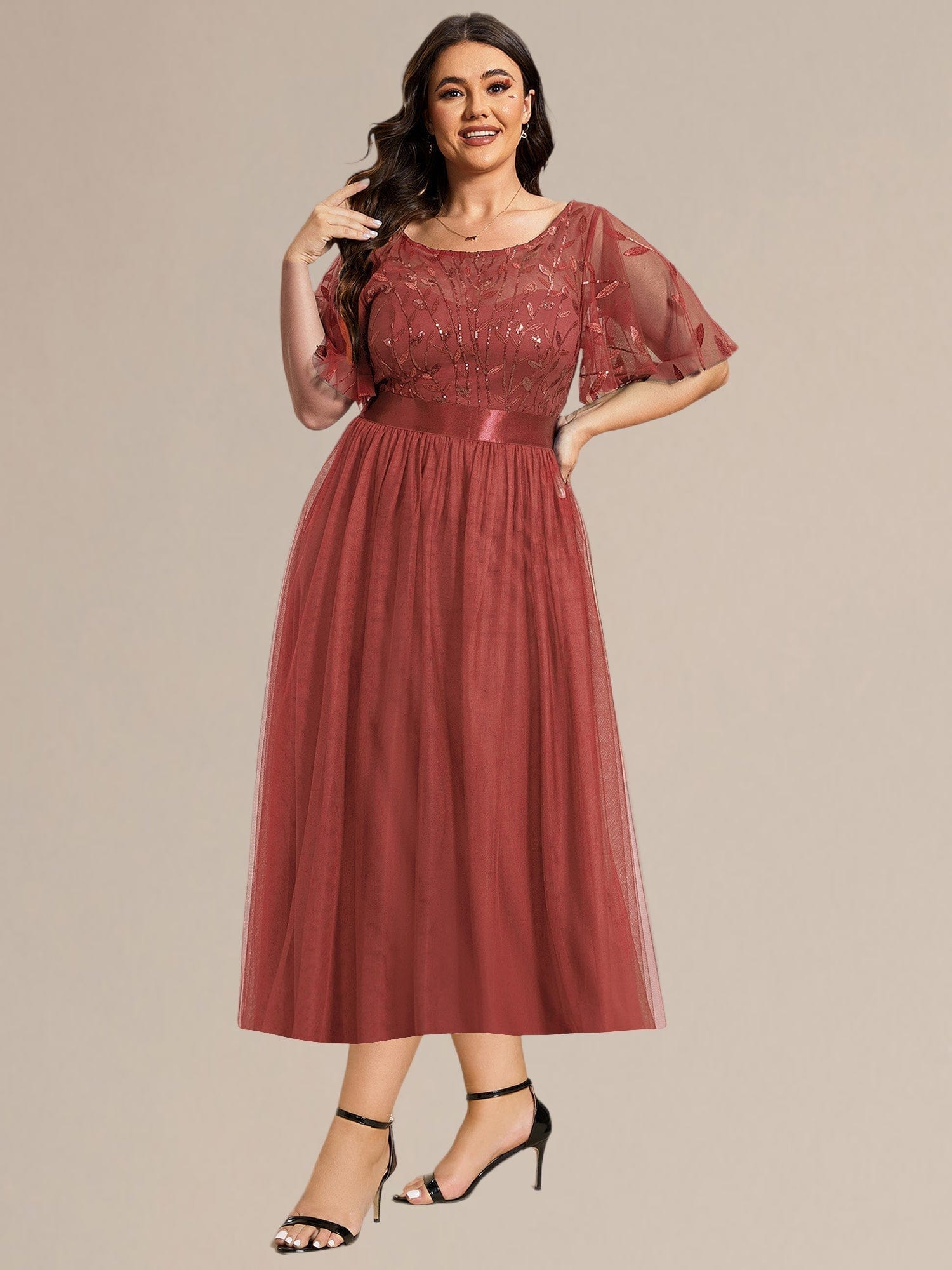 Sequin Leaf Midi Wedding Guest Dress #color_Burnt Orange