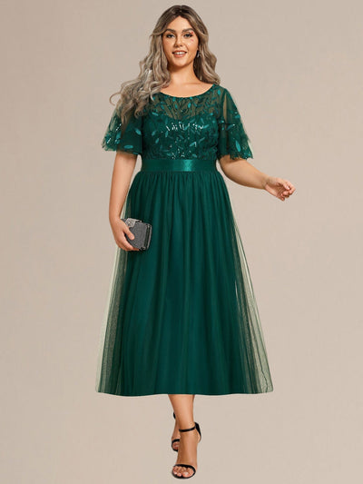 Sequin Leaf Midi Wedding Guest Dress #color_Dark Green