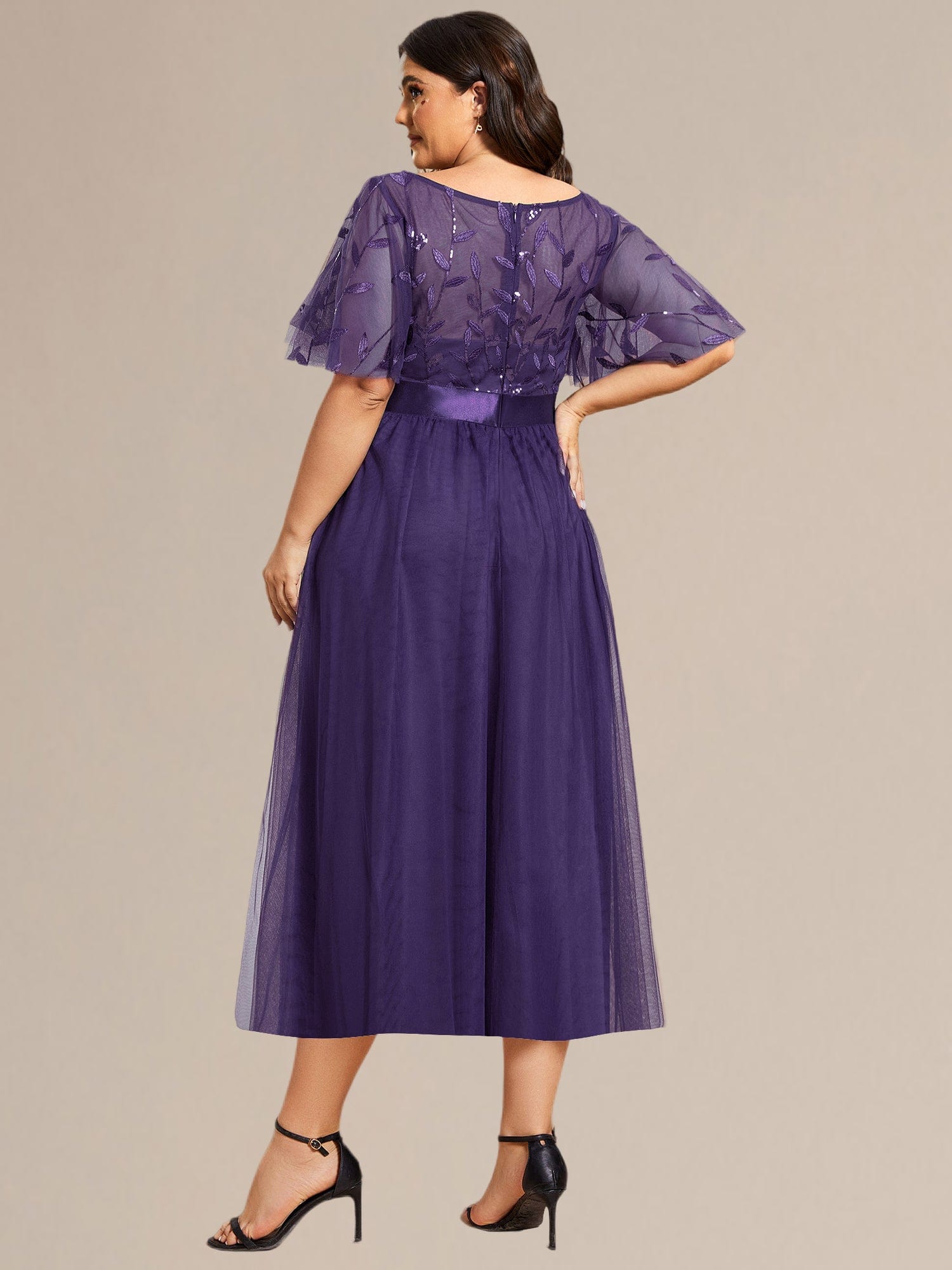 Leaf Sequin Midi Wedding Guest Dress #color_Dark Purple
