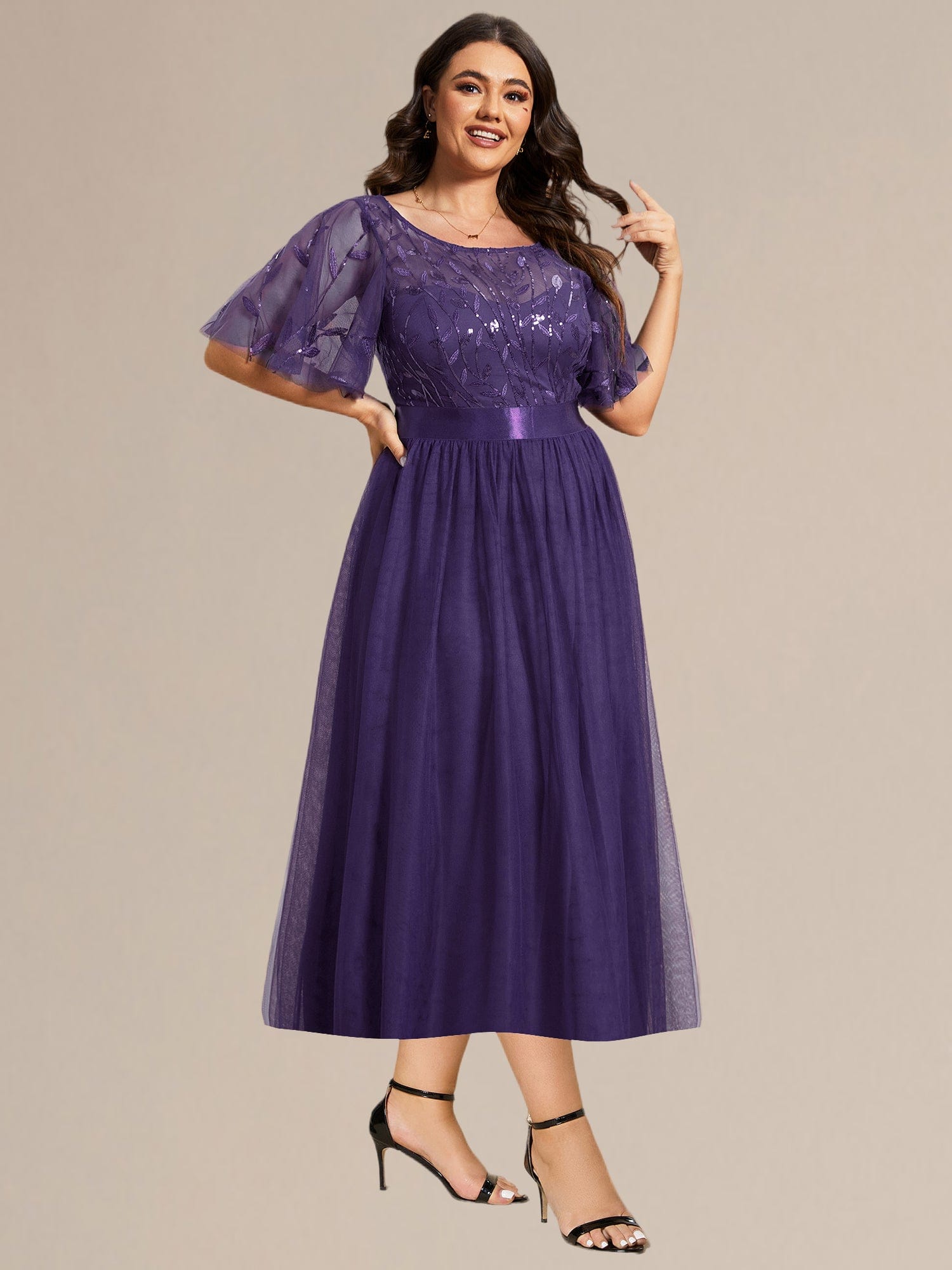 Leaf Sequin Midi Wedding Guest Dress #color_Dark Purple