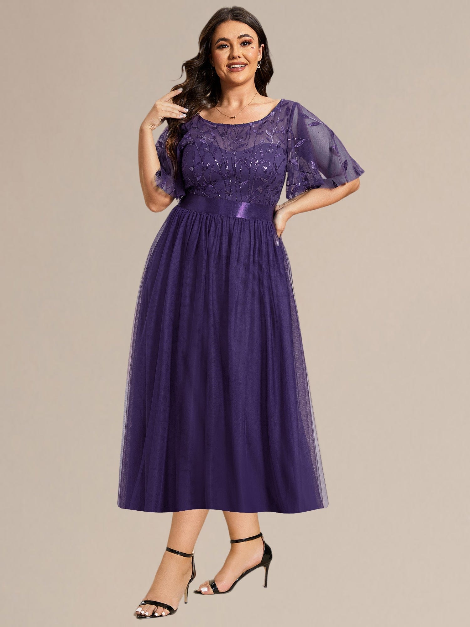 Leaf Sequin Midi Wedding Guest Dress #color_Dark Purple