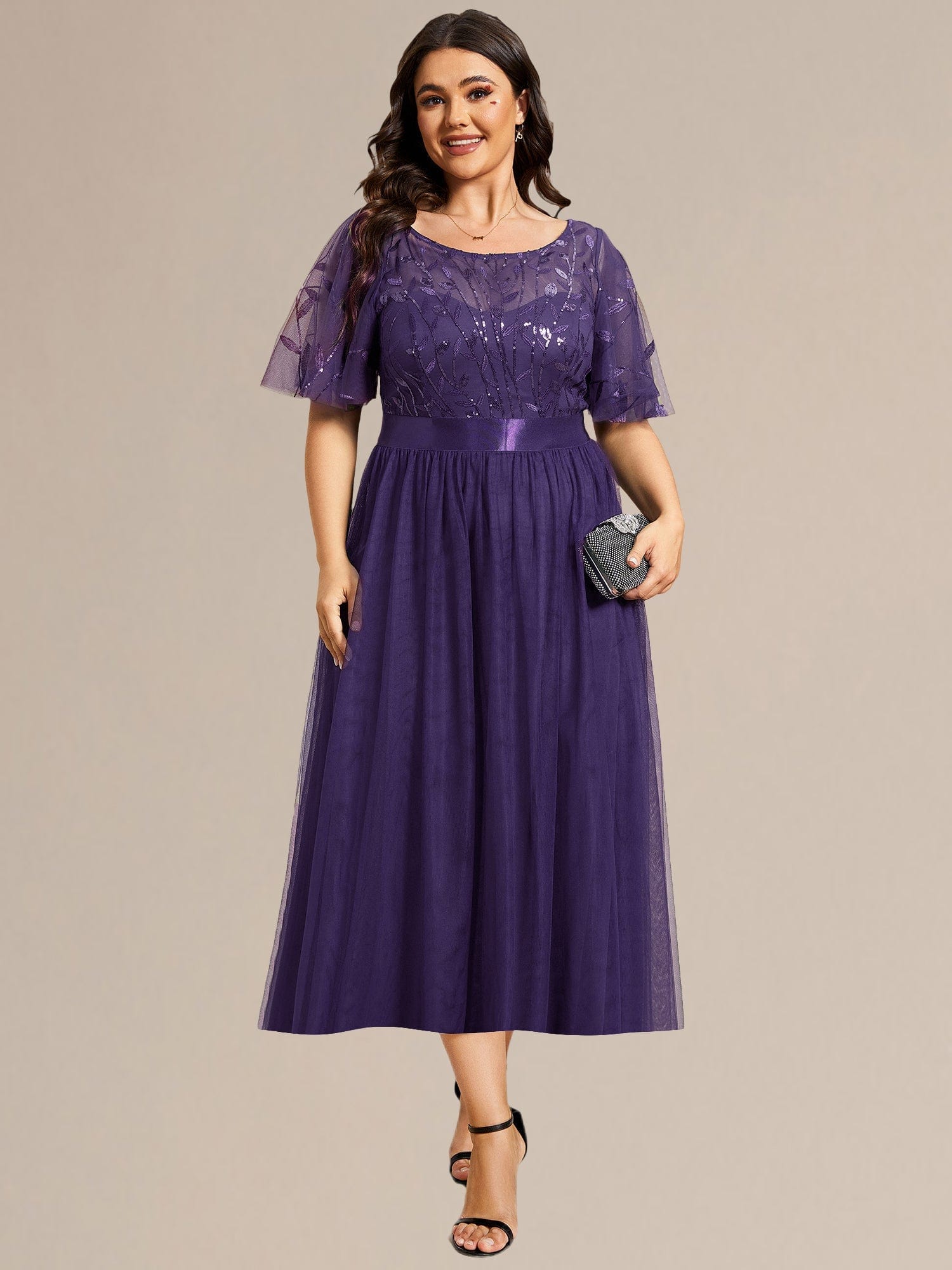 Leaf Sequin Midi Wedding Guest Dress #color_Dark Purple