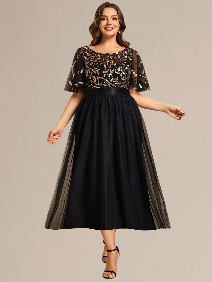 Sequin Leaf Midi Wedding Guest Dress #color_Black & Gold