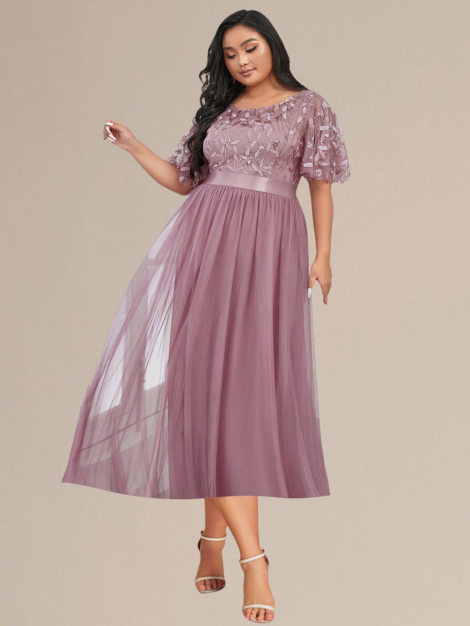 Sequin Leaf Midi Wedding Guest Dress #color_Purple Orchid