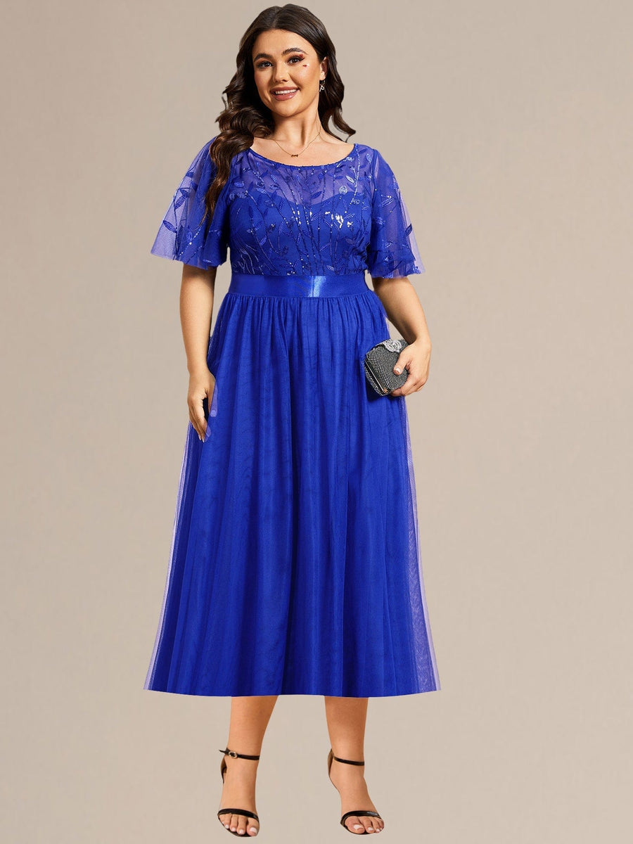 Sequin Leaf Midi Wedding Guest Dress #color_Sapphire Blue