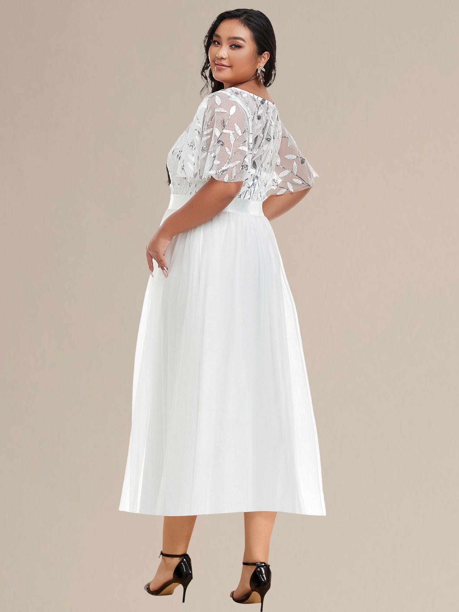 Sequin Leaf Midi Wedding Guest Dress #color_White