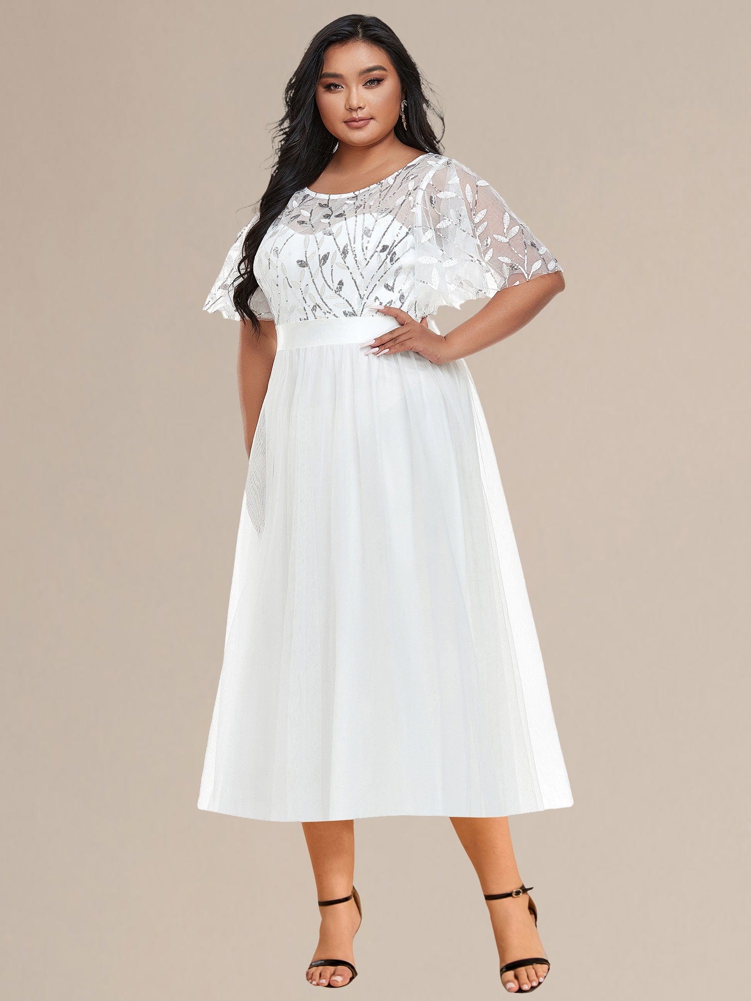 Sequin Leaf Midi Wedding Guest Dress #color_White