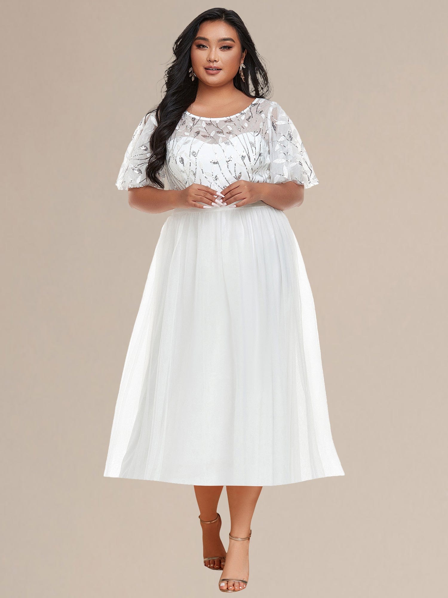 Sequin Leaf Midi Wedding Guest Dress #color_White