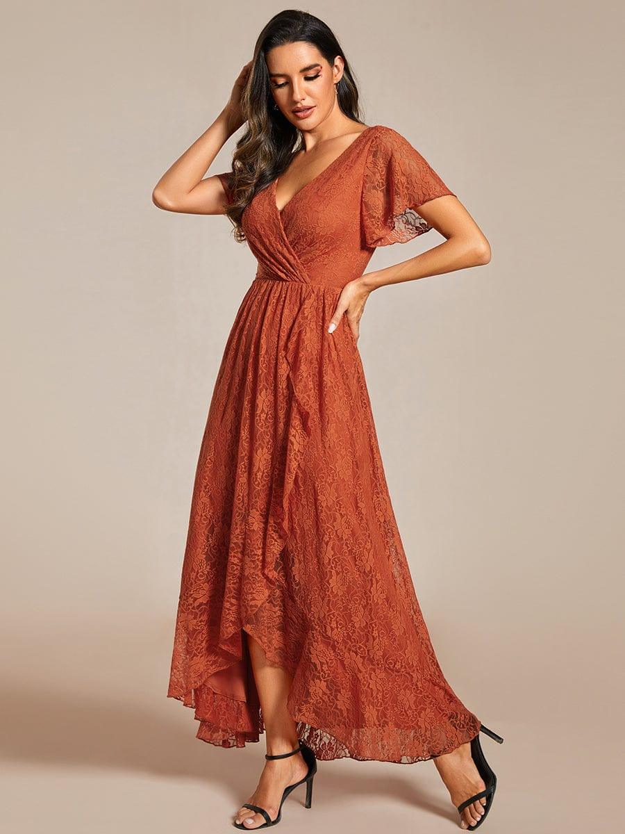 V-Neck Short Sleeve Pleated Ruffled Lace Wedding Guest Dress #Color_Burnt Orange