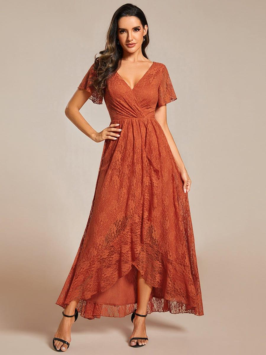 V-Neck Short Sleeve Pleated Ruffled Lace Wedding Guest Dress #Color_Burnt Orange