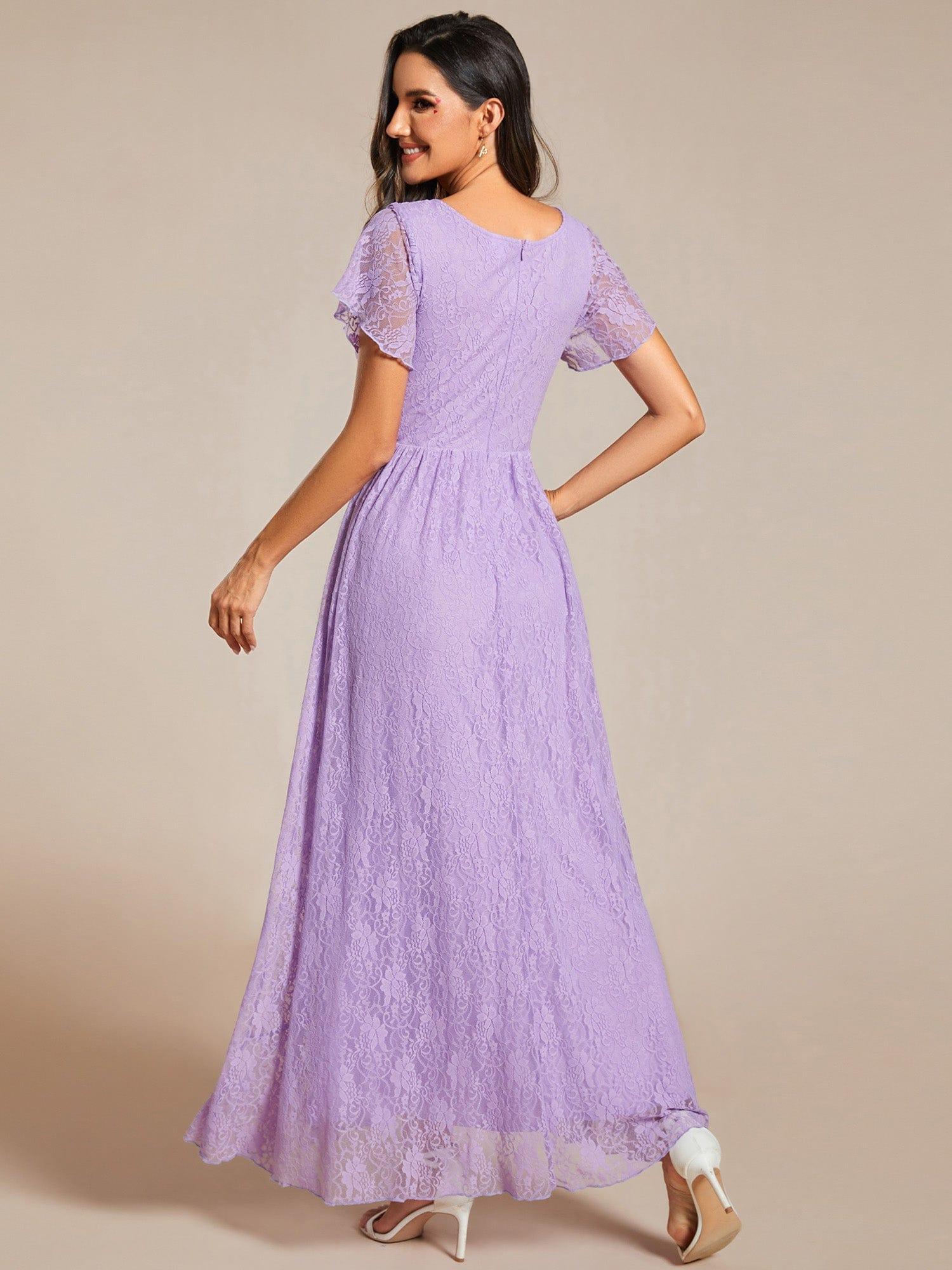 V-Neck Short Sleeve Pleated Ruffled Lace Wedding Guest Dress #Color_Lavender