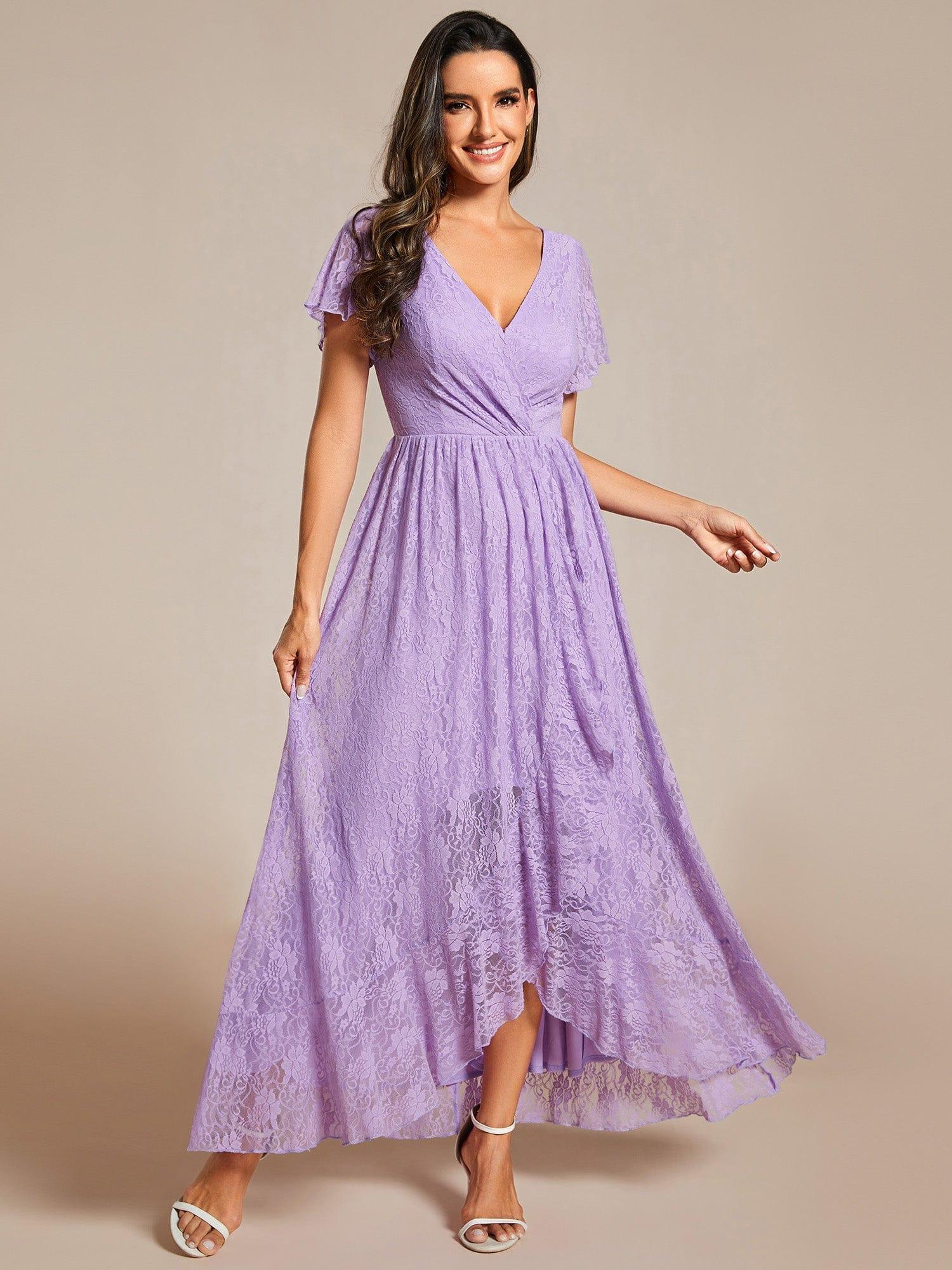 V-Neck Short Sleeve Pleated Ruffled Lace Wedding Guest Dress #Color_Lavender