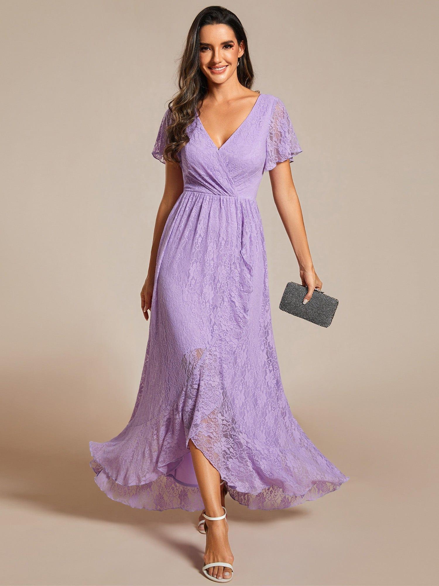 V-Neck Short Sleeve Pleated Ruffled Lace Wedding Guest Dress #Color_Lavender