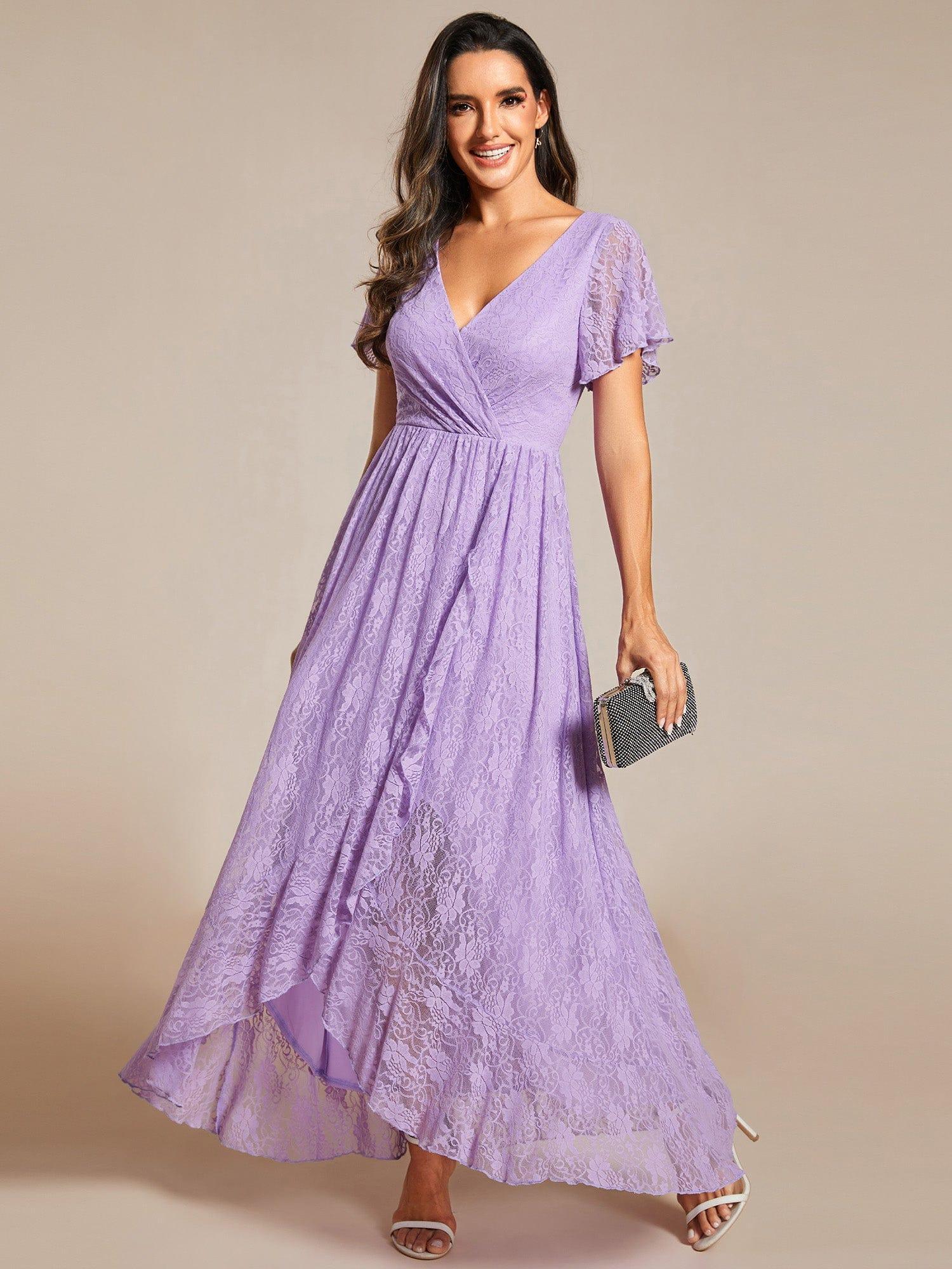 V-Neck Short Sleeve Pleated Ruffled Lace Wedding Guest Dress #Color_Lavender