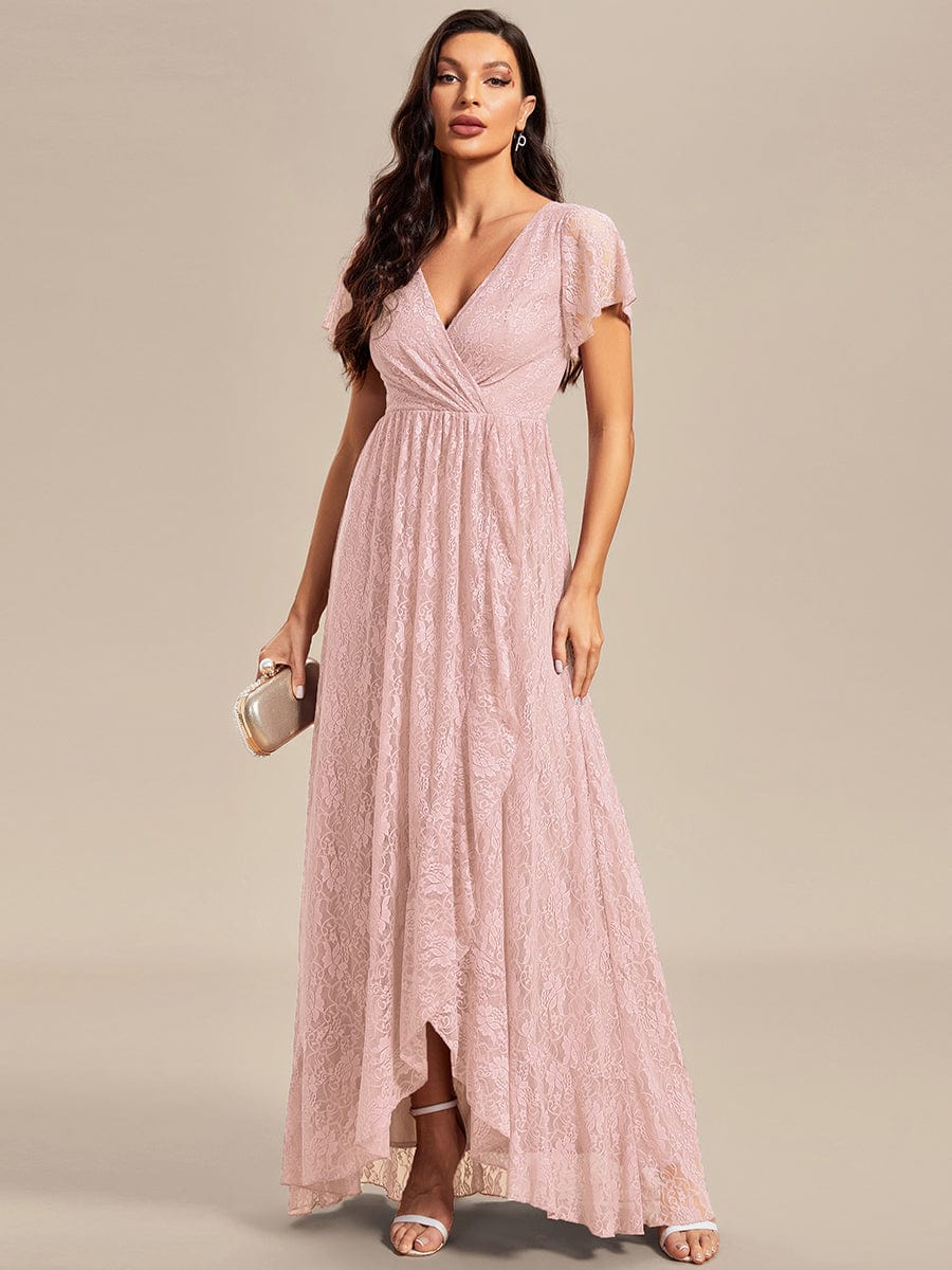 V-Neck Short Sleeve Pleated Ruffled Lace Evening Dress #Color_Pink