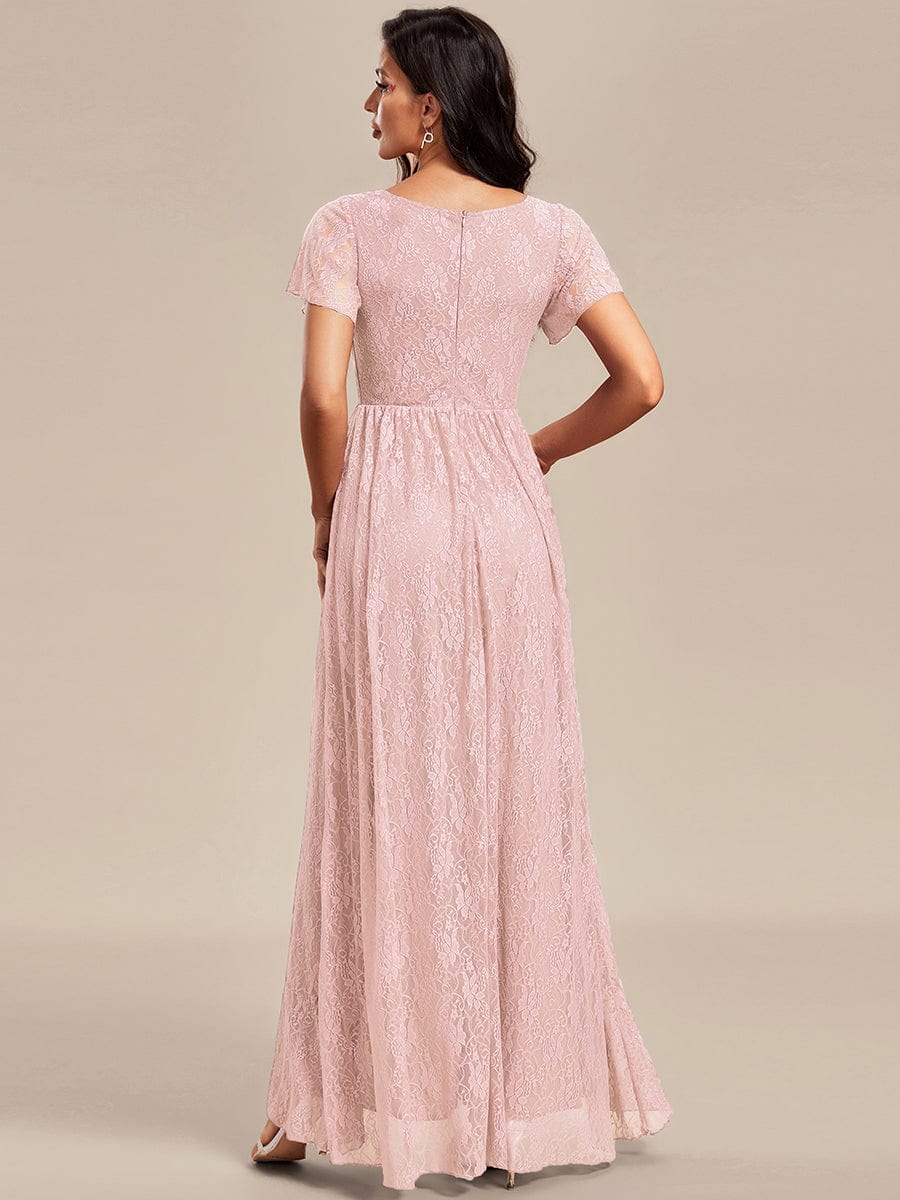 V-Neck Short Sleeve Pleated Ruffled Lace Evening Dress #Color_Pink