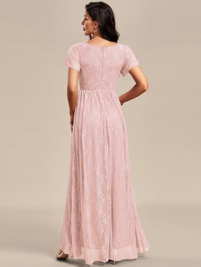 V-Neck Short Sleeve Pleated Ruffled Lace Maxi Dress in Pink #Color_Pink
