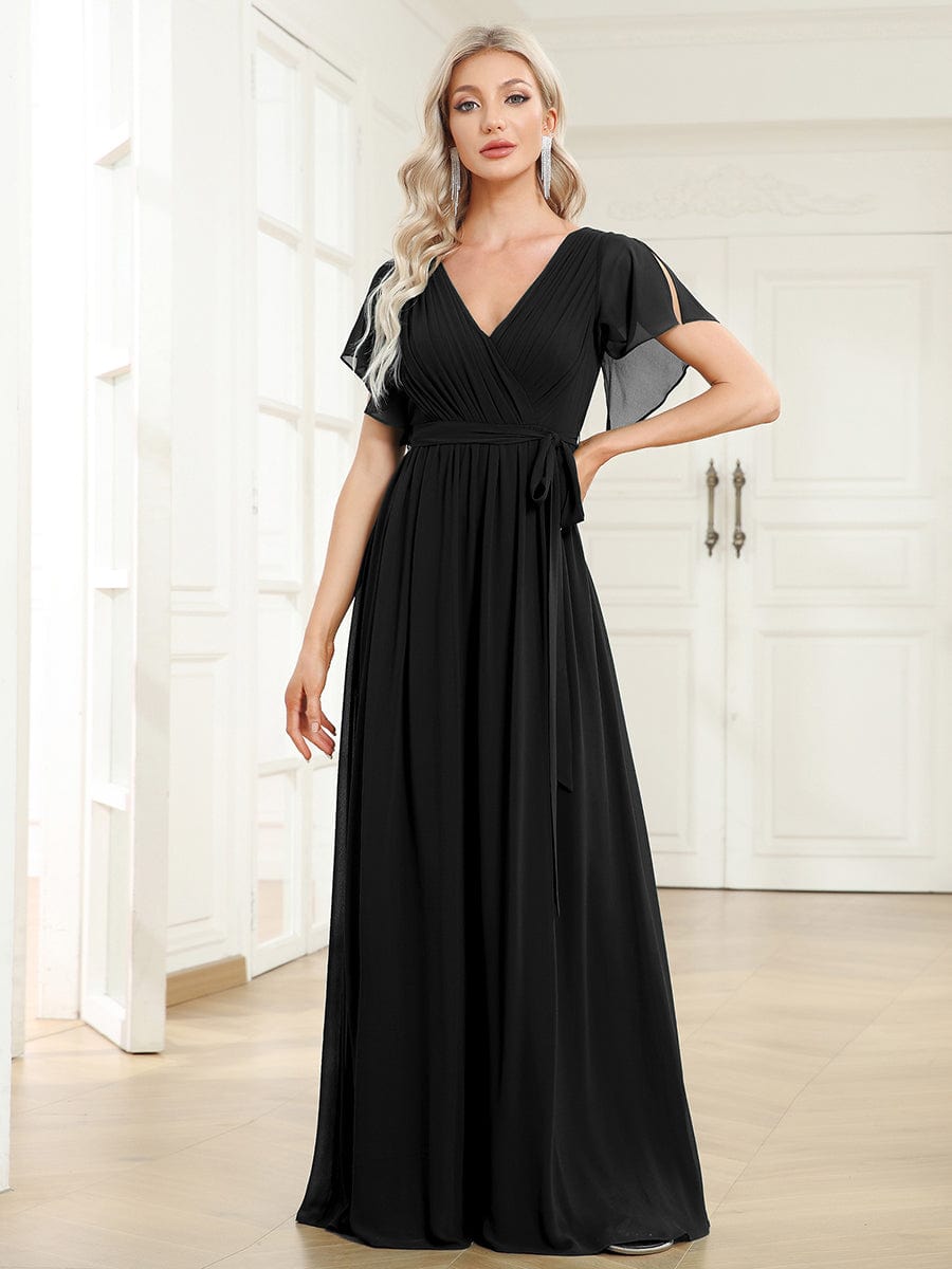 V-Neck Flutter Sleeve Floor-Length A-Line Chiffon Evening Dress #color_Black