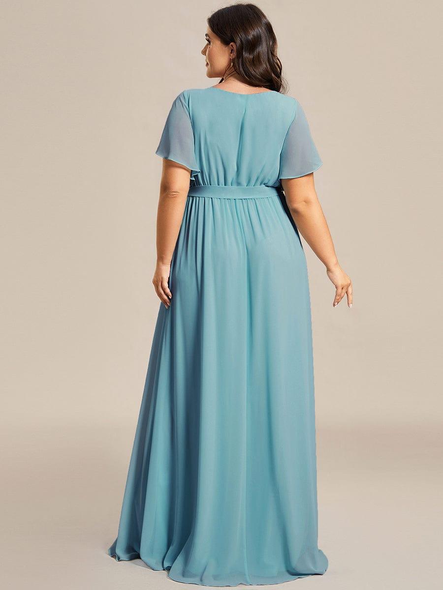 Chiffon Pleated V-Neck Flutter Sleeve Maxi Bridesmaid Dress In Sage Green #color_Light Teal