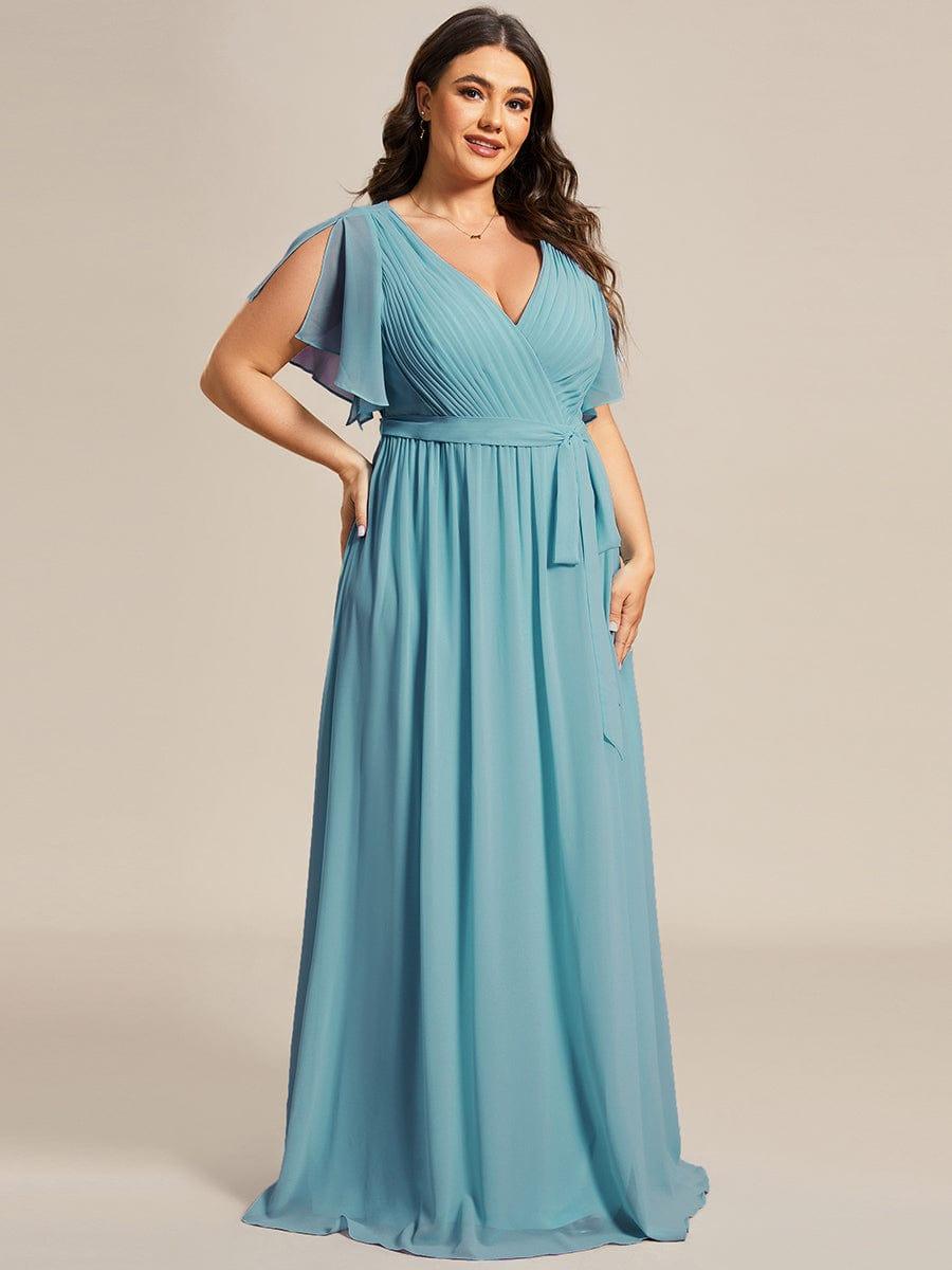 Chiffon Pleated V-Neck Flutter Sleeve Maxi Bridesmaid Dress In Sage Green #color_Light Teal