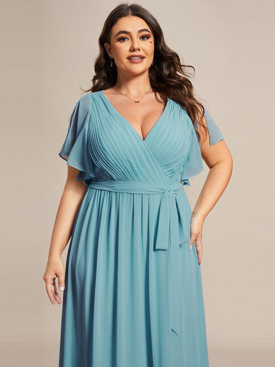Chiffon Pleated V-Neck Flutter Sleeve Maxi Bridesmaid Dress In Sage Green #color_Light Teal