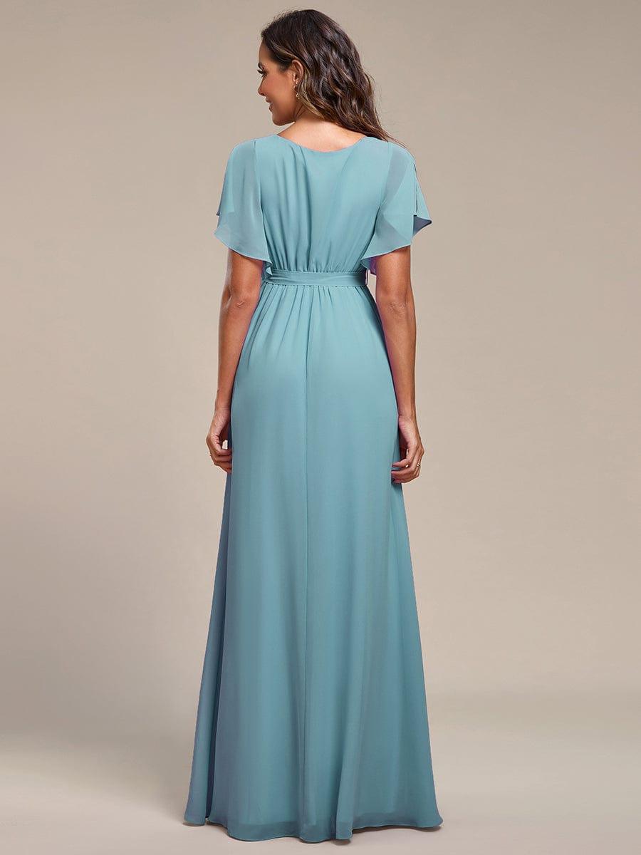 Chiffon Pleated V-Neck Flutter Sleeve Maxi Bridesmaid Dress In Sage Green #color_Light Teal