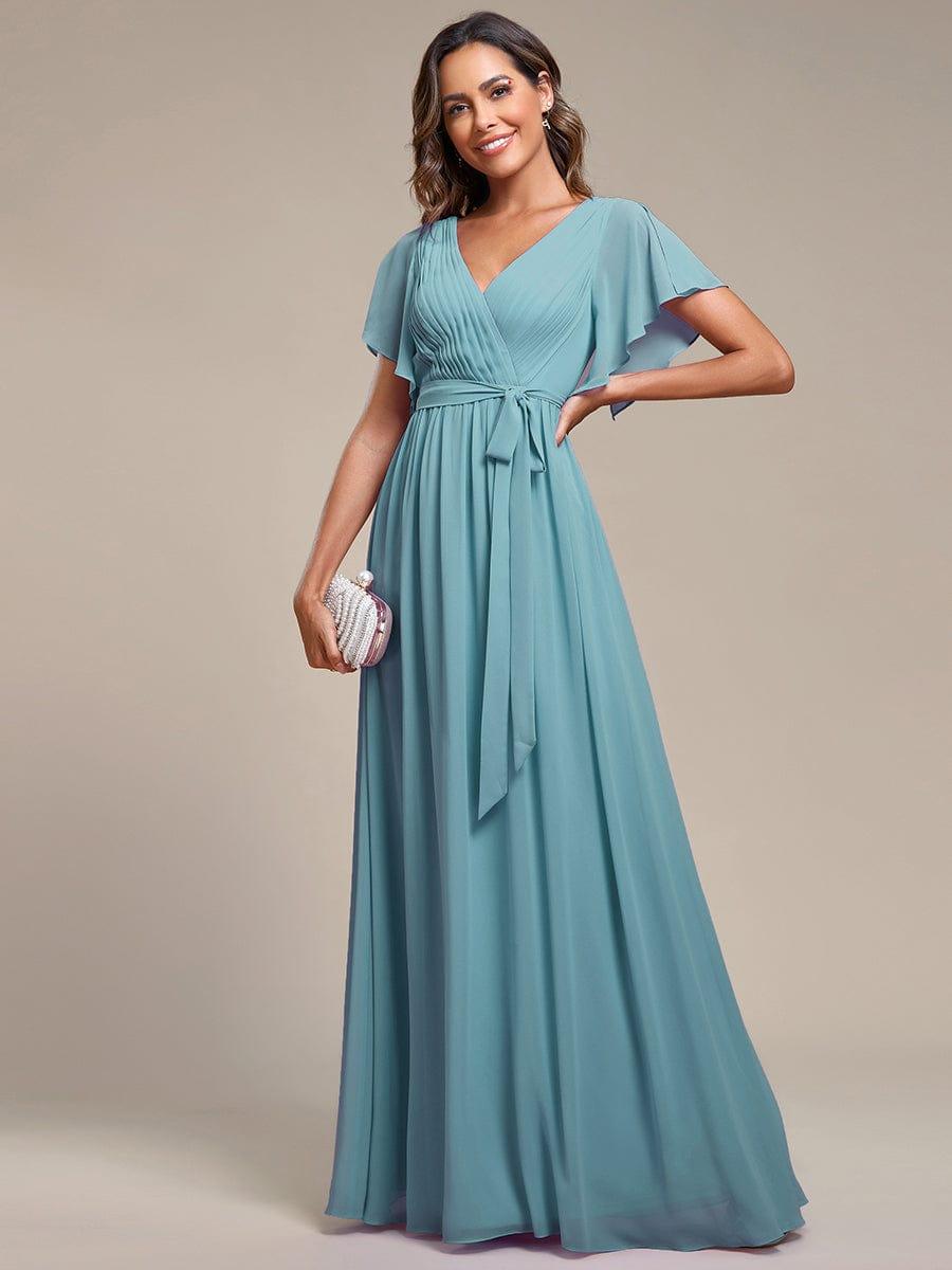 Chiffon Pleated V-Neck Flutter Sleeve Maxi Bridesmaid Dress In Sage Green #color_Light Teal