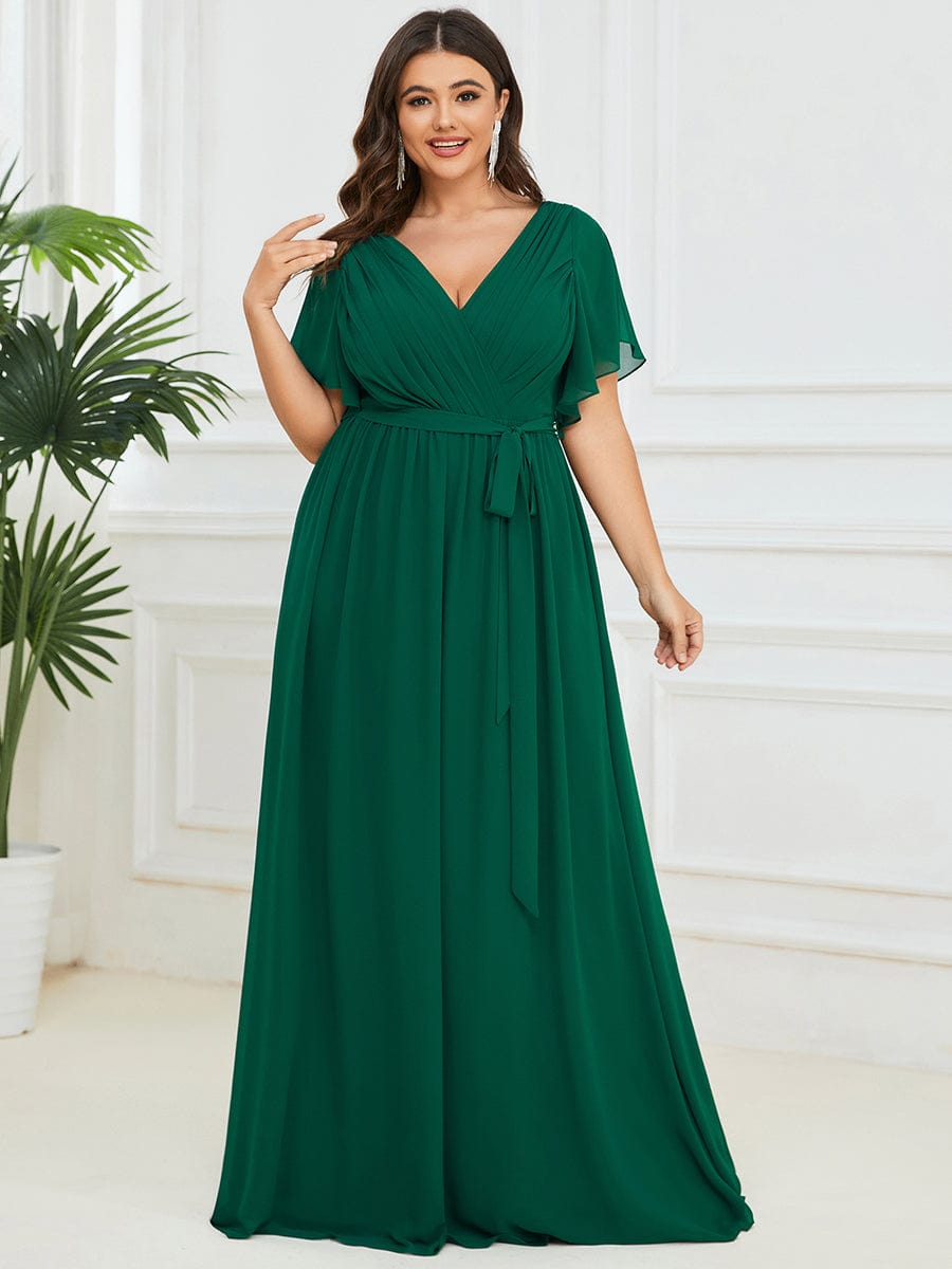 Plus Size Floor-Length Chiffon Evening Dress V-Neck Maxi #color_Dark Green